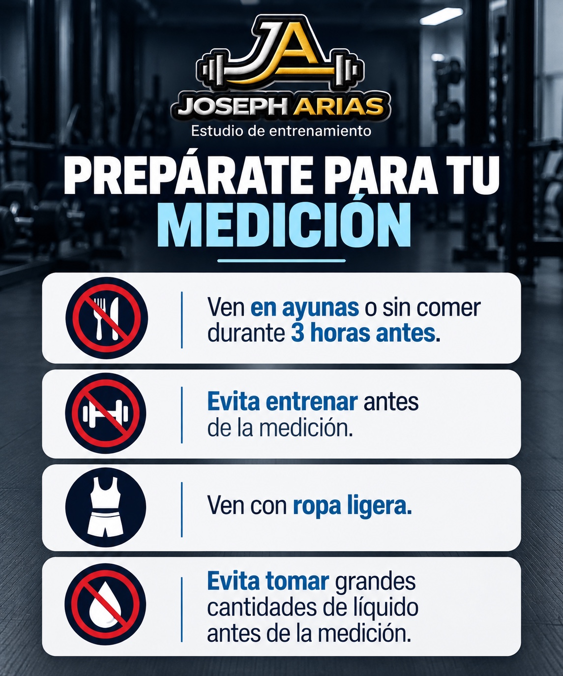 Preparación para la medición: tres horas sin comer, evitar entrenar antes, vestir ropa ligera y evitar grandes cantidades de líquido